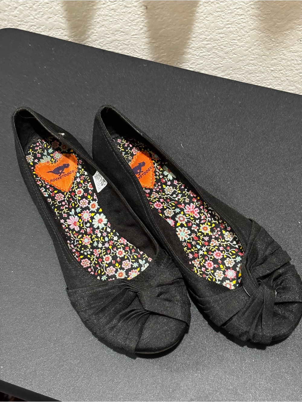 Rocket Dog Black Knotted Ballet Flats with Floral Insole